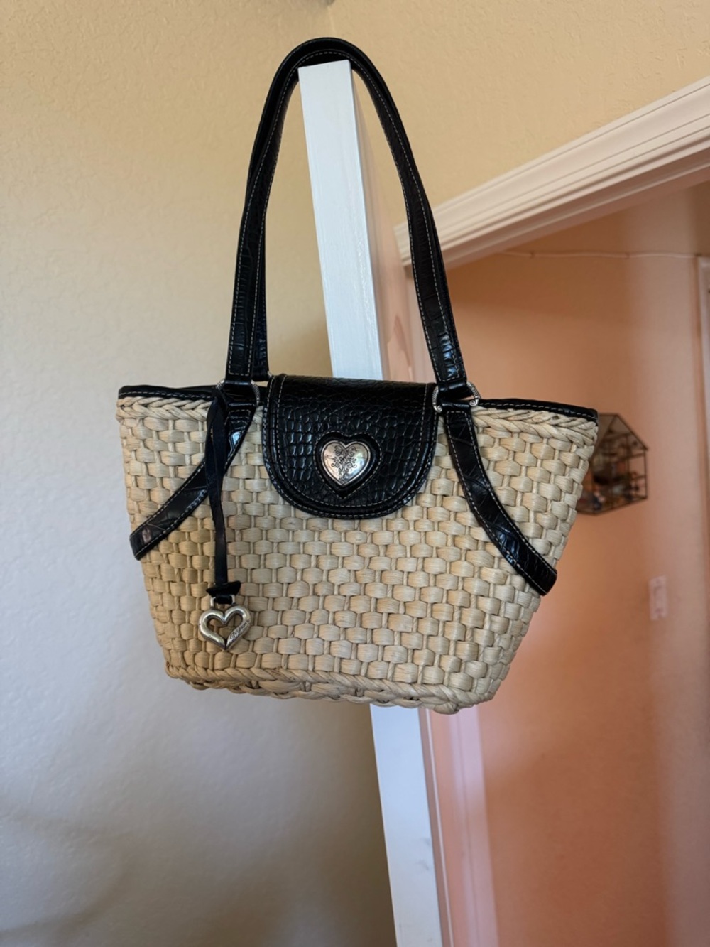 Brighton Woven Straw Tote with Black Trim and Heart Accent